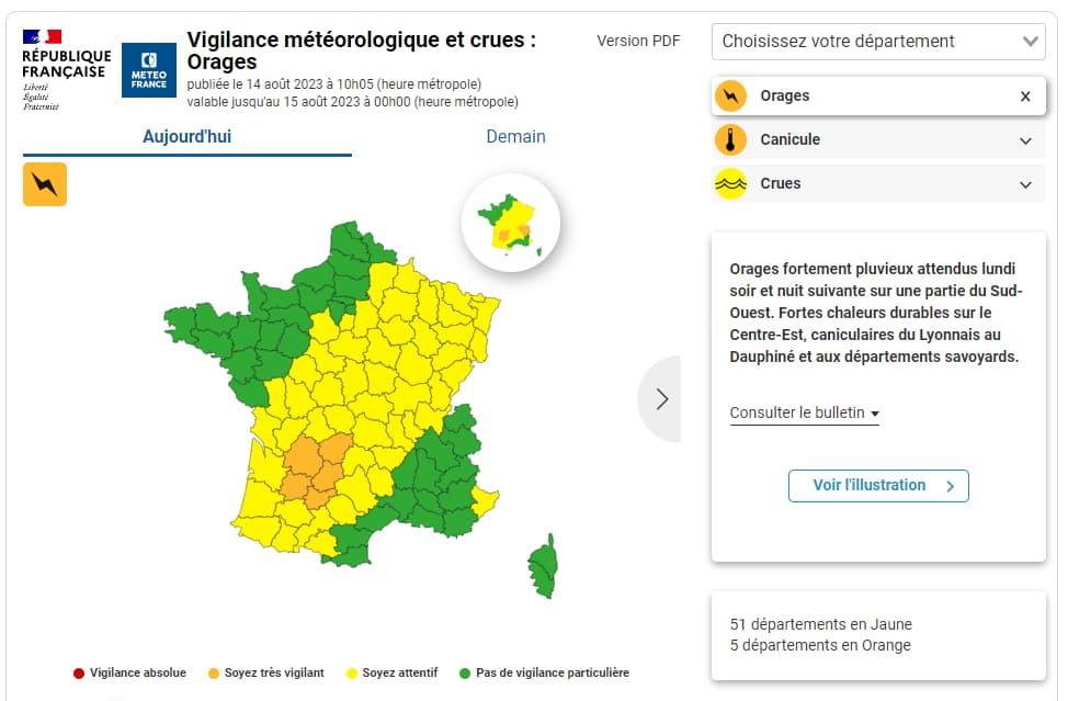 Météo-France: Orange-Warnung für Acht Départements wegen Gewittern und Überschwemmungen